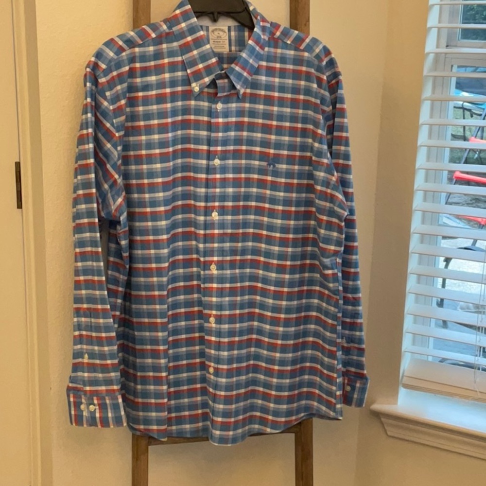 Brooks Brothers Men XL Blue Plaid Cotton Blend Regent Fit Non-Iron Stretch Shirt
